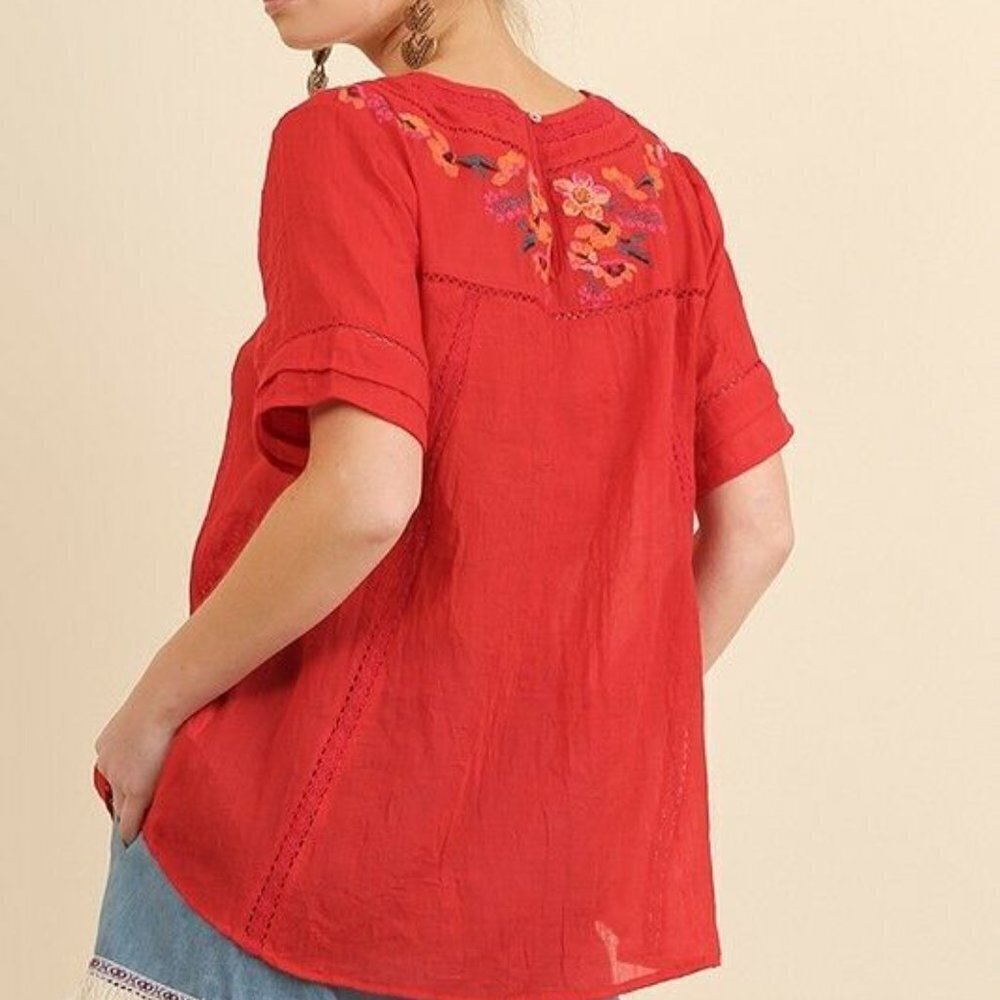 Umgee Floral Embroidered Short Sleeve Peasant Top - Picture 8 of 9